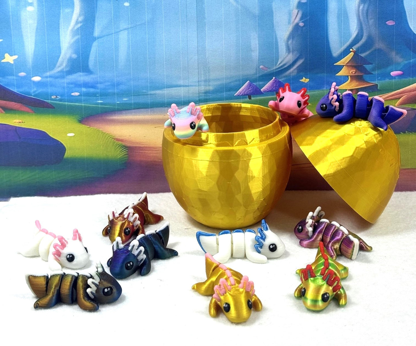 12pcs Articulated Baby Axolotl with Egg, 3D Printed Articulated Colorful Fidget Axolotl, Tiny Animal Figures, Birthday Party Decorations MA001-SET-GHE