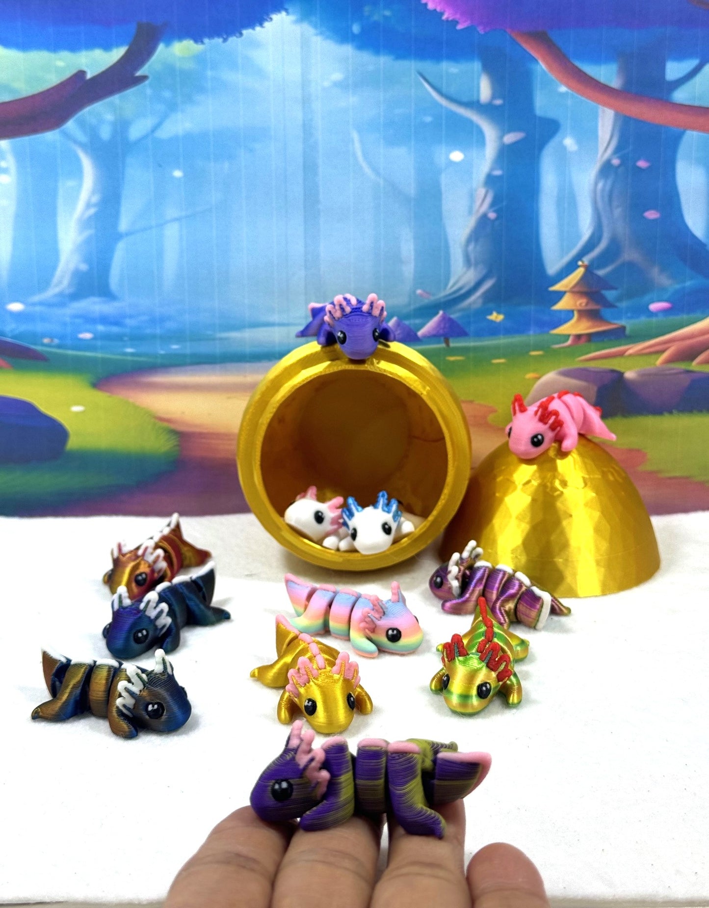 12pcs Articulated Baby Axolotl with Egg, 3D Printed Articulated Colorful Fidget Axolotl, Tiny Animal Figures, Birthday Party Decorations MA001-SET-GHE