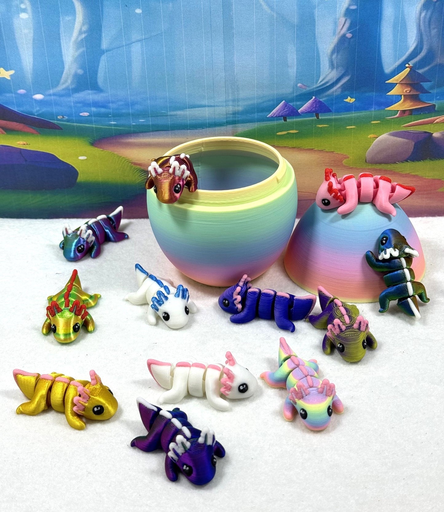 12PCS 3D Printed Articulated Mini Axolotl with Egg, Colorful Fidget Mini Axolotl Figures, Tiny Animal Figures, Birthday Party Decorations MA003-SET-RE