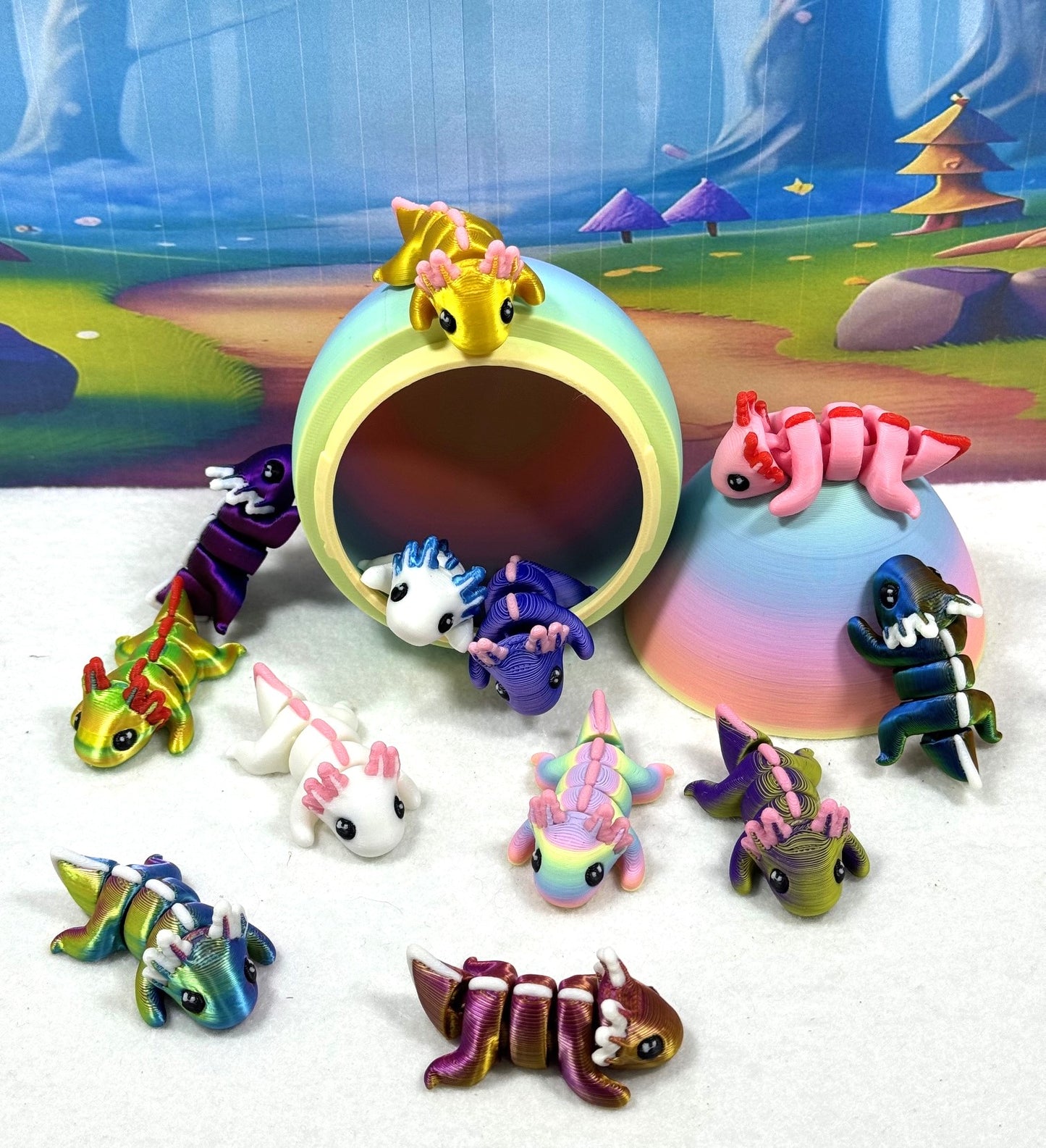 12PCS 3D Printed Articulated Mini Axolotl with Egg, Colorful Fidget Mini Axolotl Figures, Tiny Animal Figures, Birthday Party Decorations MA003-SET-RE