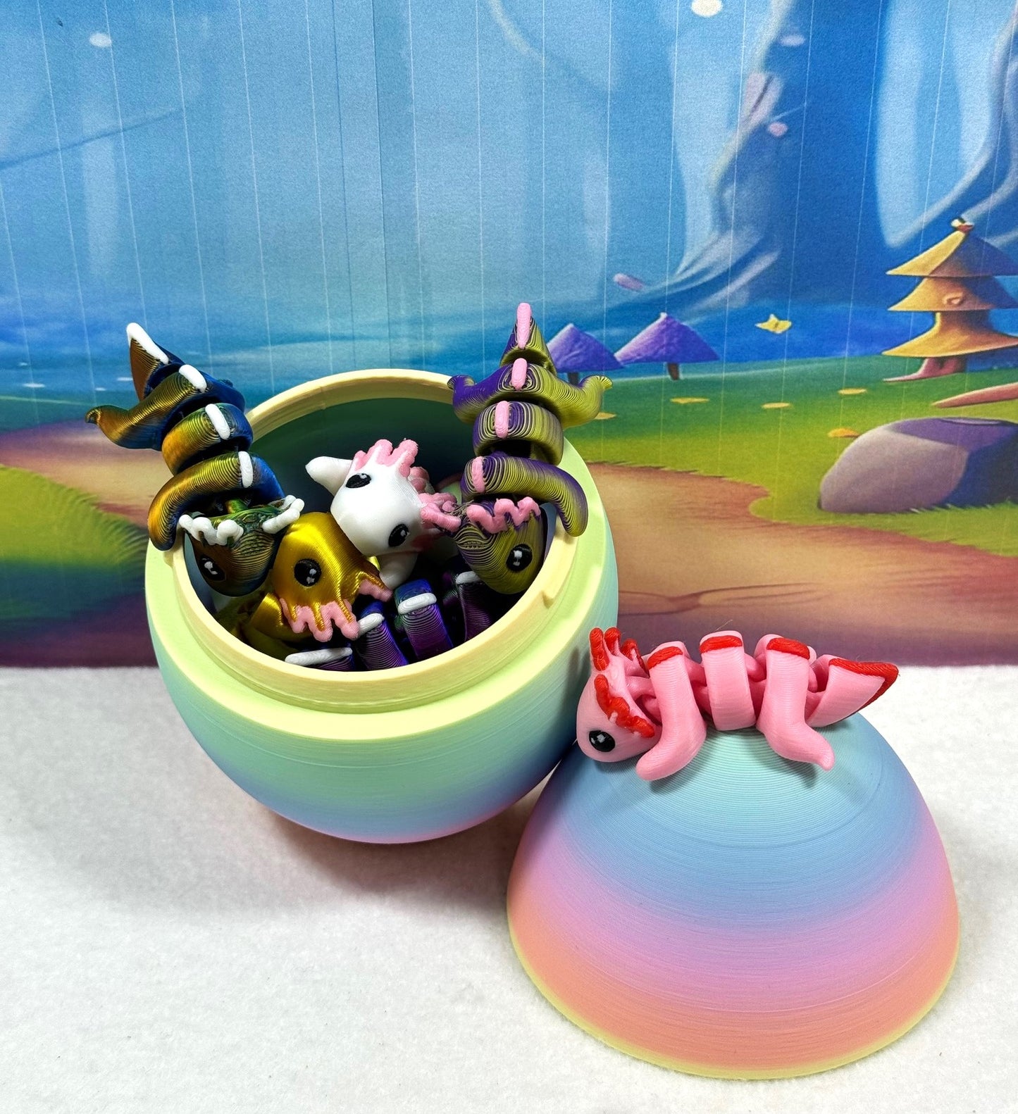 12PCS 3D Printed Articulated Mini Axolotl with Egg, Colorful Fidget Mini Axolotl Figures, Tiny Animal Figures, Birthday Party Decorations MA003-SET-RE