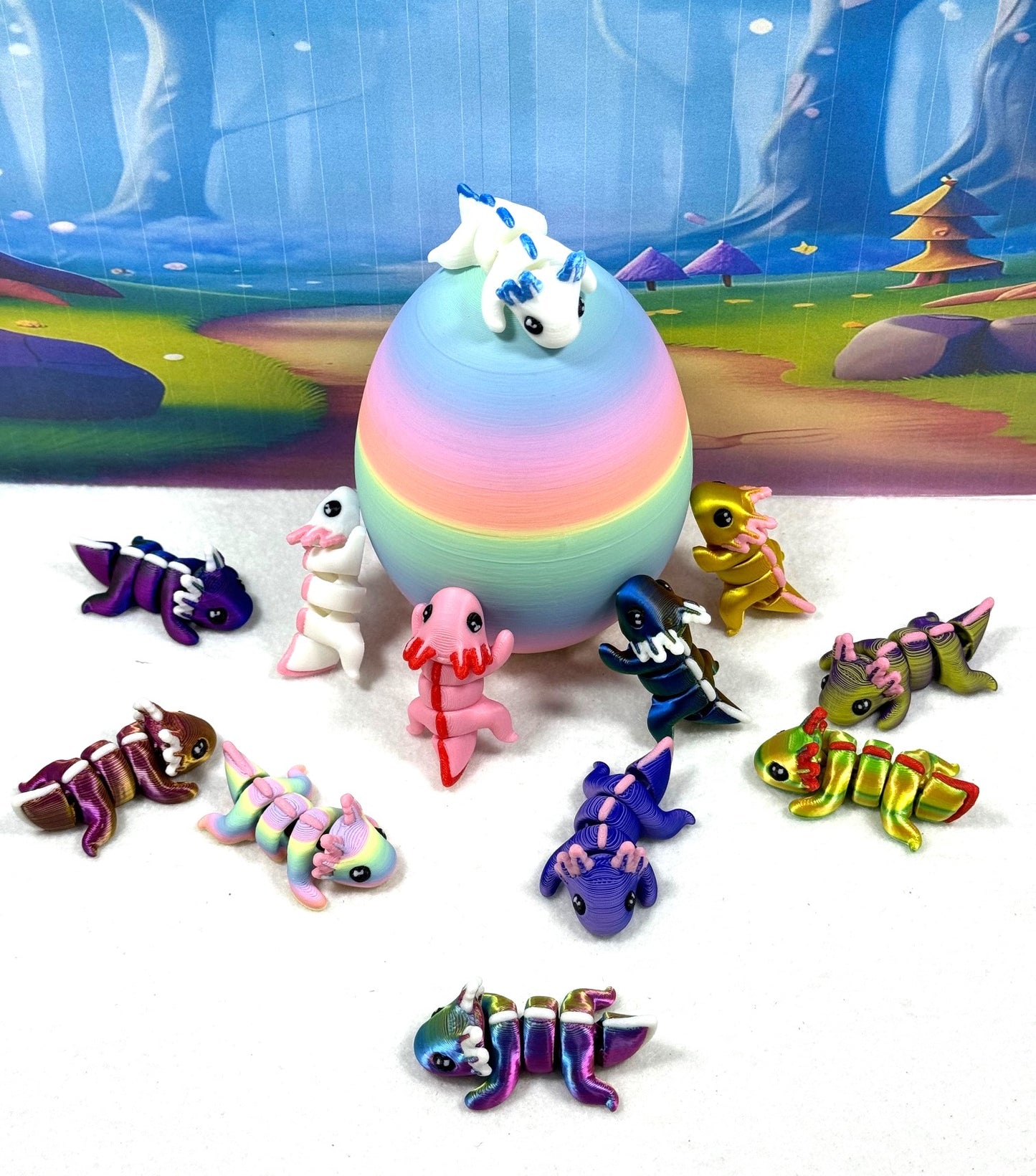 12PCS 3D Printed Articulated Mini Axolotl with Egg, Colorful Fidget Mini Axolotl Figures, Tiny Animal Figures, Birthday Party Decorations MA003-SET-RE