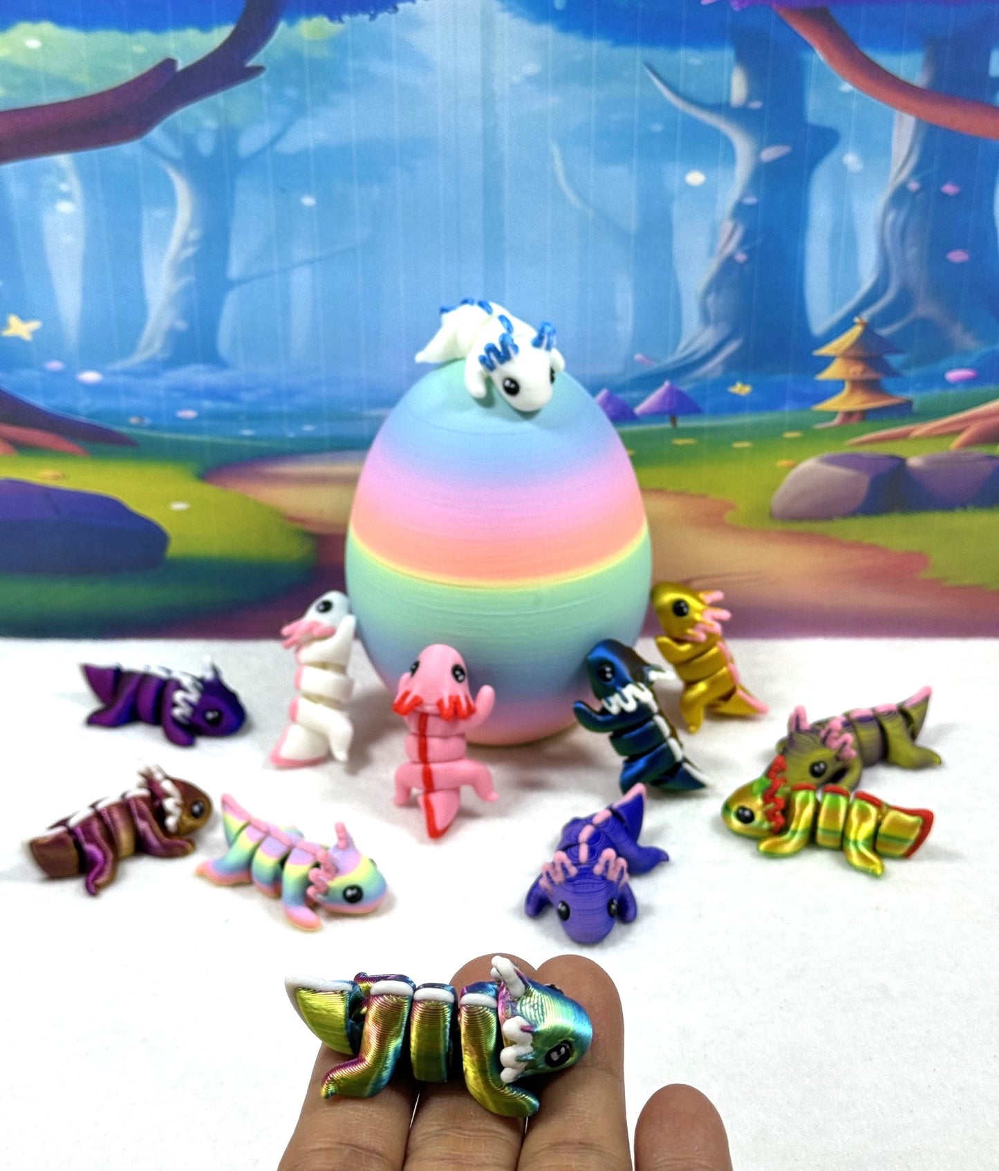 12PCS 3D Printed Articulated Mini Axolotl with Egg, Colorful Fidget Mini Axolotl Figures, Tiny Animal Figures, Birthday Party Decorations MA003-SET-RE