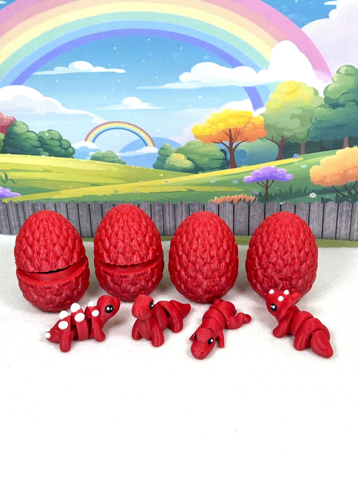 4pcs 3D Printed Mini Dinosaurs with Egg, Articulated Mini Dinosaurs, Fidget Mini Pocket Pals -MD001-RED