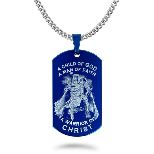 Stainless Steel Dog Tag Necklace for Men, Blue Plated Dog Tag Pendant with Curb Chain 24 Inches SSN839-B