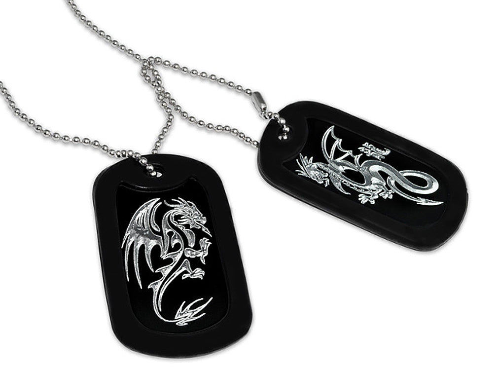 2pcs Aluminum Dog Tag Necklace for Men, Laser Engraved Dragon Design, Black Plated Dog Tag Pendant with Bead Chain 24 Inches AN058