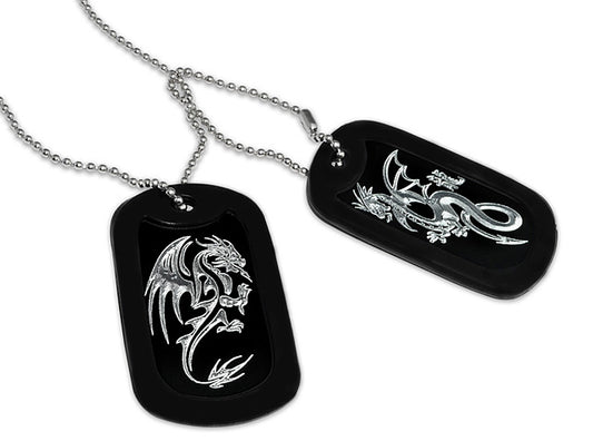 2pcs Aluminum Dog Tag Necklace for Men, Laser Engraved Dragon Design, Black Plated Dog Tag Pendant with Bead Chain 24 Inches AN058