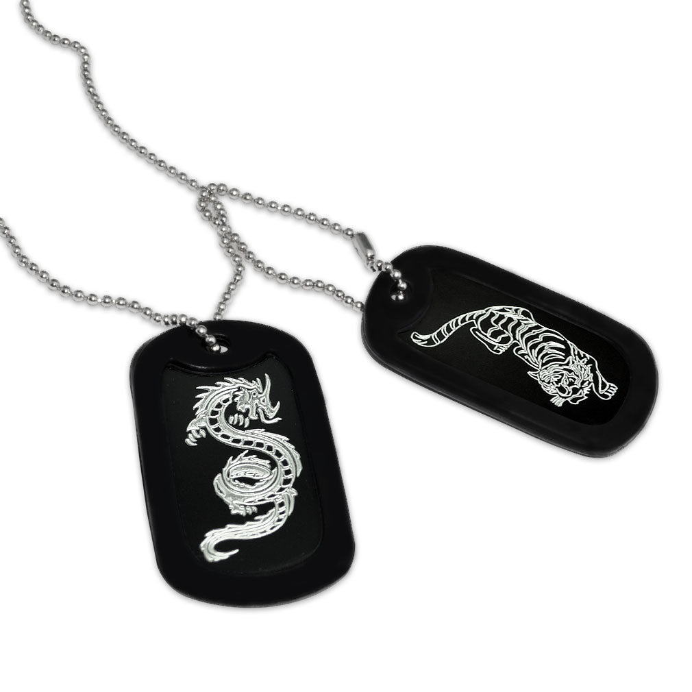 2pcs Aluminum Dog Tag Necklace for Men, Laser Engraved Dragon and Tiger Design, Black Plated Dog Tag Pendant with Bead Chain 24 Inches AN092