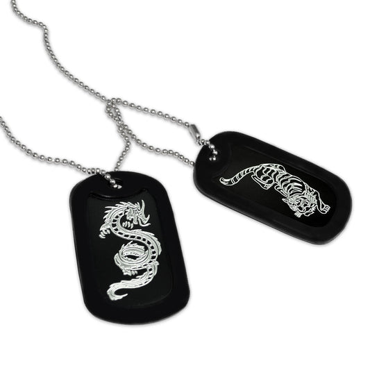 2pcs Aluminum Dog Tag Necklace for Men, Laser Engraved Dragon and Tiger Design, Black Plated Dog Tag Pendant with Bead Chain 24 Inches AN092