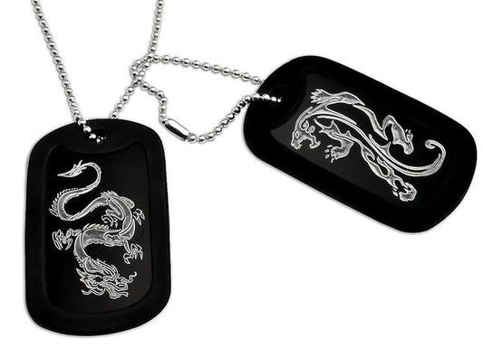2pcs Aluminum Dog Tag Necklace for Men, Laser Engraved Dragon and Tiger Design, Black Plated Dog Tag Pendant with Bead Chain 24 Inches AN095