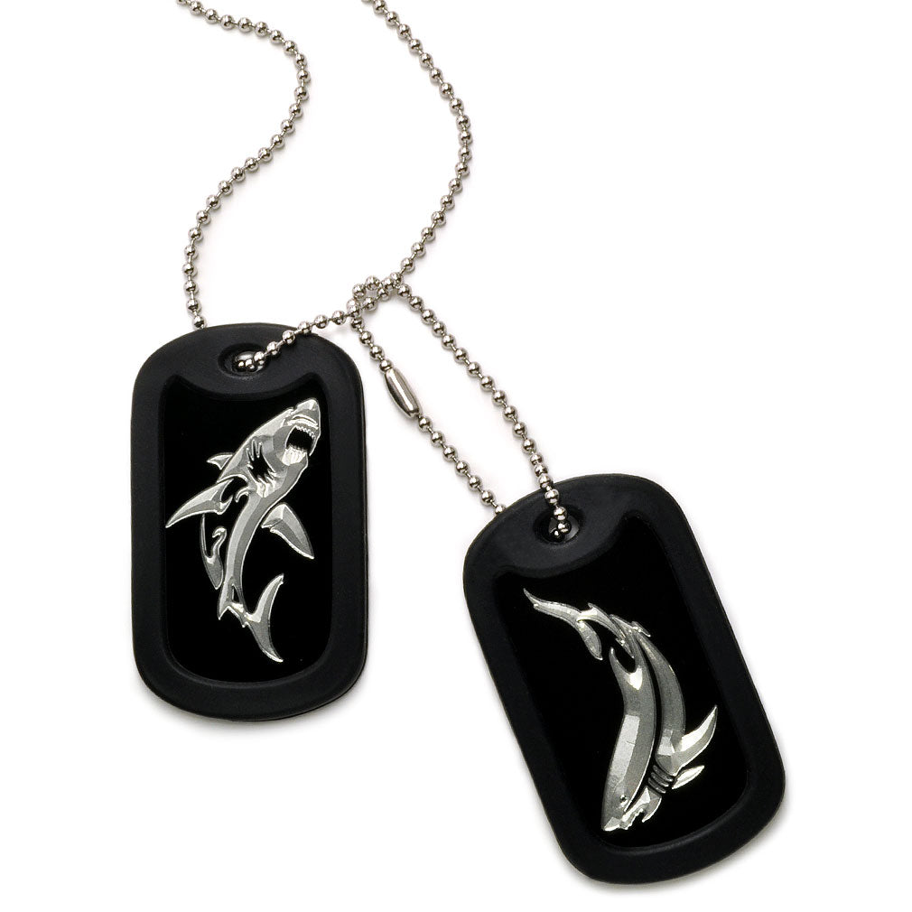 Aluminum Dog Tag Necklace for Men, 2pcs Laser Engraved Shark Design, Black Plated Dog Tag Pendant with Bead Chain 24 Inches AN113