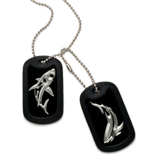 Aluminum Dog Tag Necklace for Men, 2pcs Laser Engraved Shark Design, Black Plated Dog Tag Pendant with Bead Chain 24 Inches AN113