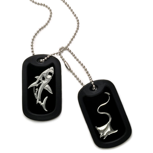 Aluminum Dog Tag Necklace for Men, 2pcs Laser Engraved Shark Design, Black Plated Dog Tag Pendant with Bead Chain 24 Inches AN116