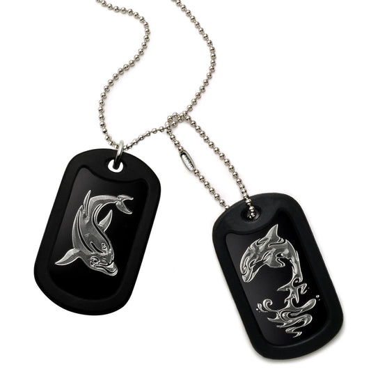 Aluminum Dog Tag Necklace for Men, 2pcs Laser Engraved Dolphin Design, Black Plated Dog Tag Pendant with Bead Chain 24 Inches AN129