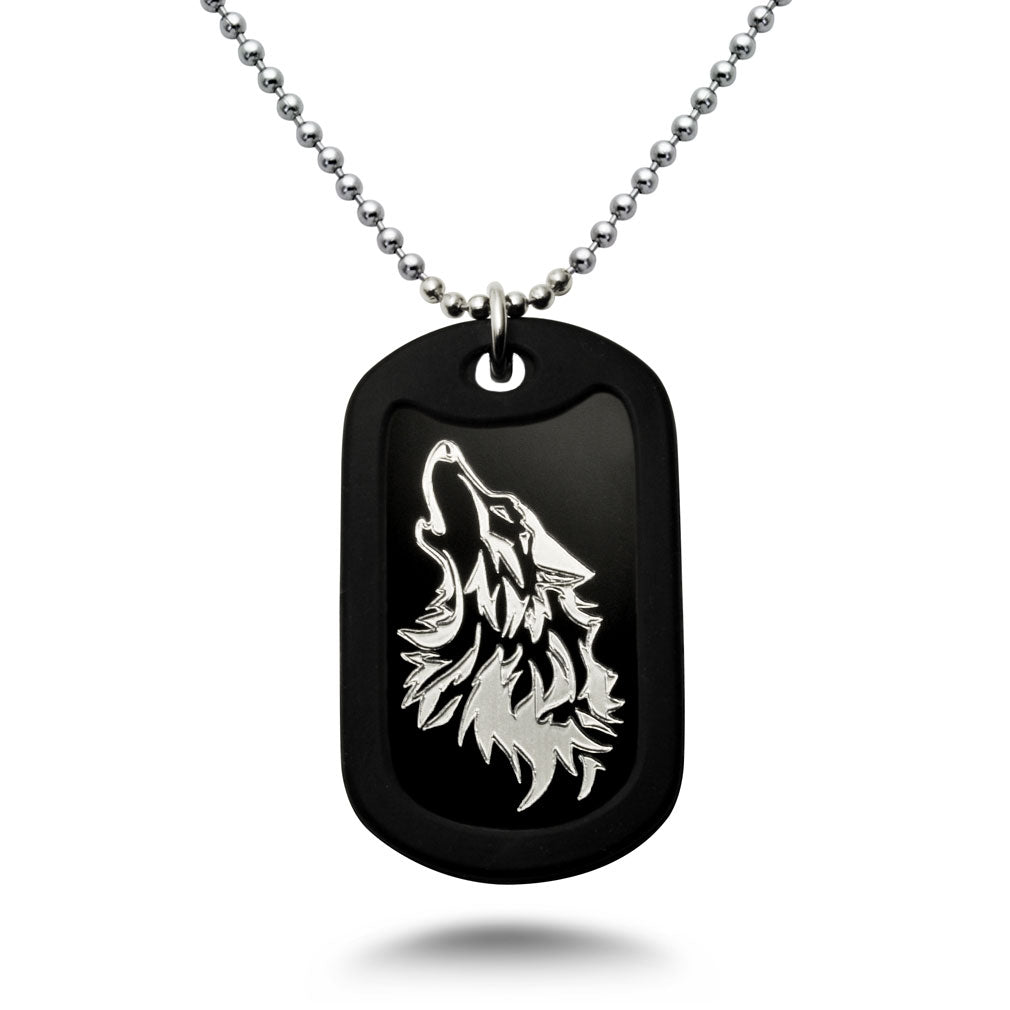 Aluminum Dog Tag Necklace for Men, Laser Engraved Wolf Black Plated Dog Tag Pendant with Bead Chain 24 Inches AN171
