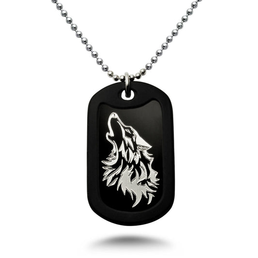 Aluminum Dog Tag Necklace for Men, Laser Engraved Wolf Black Plated Dog Tag Pendant with Bead Chain 24 Inches AN171