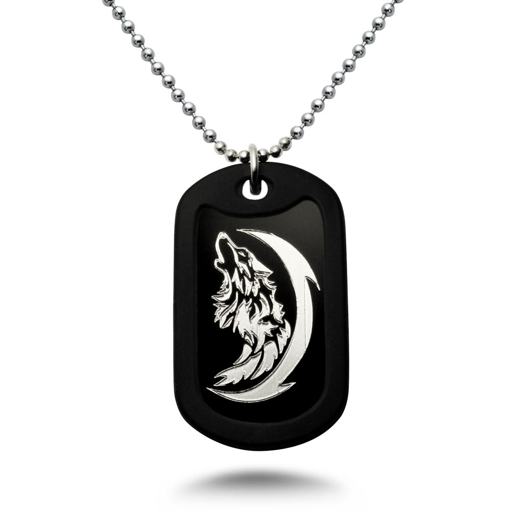 Aluminum Dog Tag Necklace for Men, Laser Engraved Wolf Black Plated Dog Tag Pendant with Bead Chain 24 Inches AN151