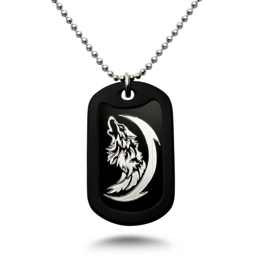 Aluminum Dog Tag Necklace for Men, Laser Engraved Wolf Black Plated Dog Tag Pendant with Bead Chain 24 Inches AN151