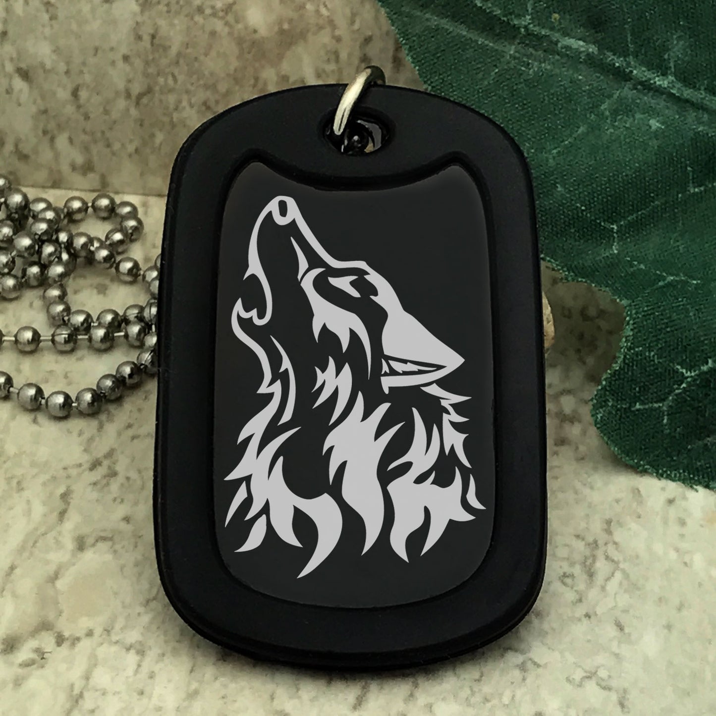 Aluminum Dog Tag Necklace for Men, Laser Engraved Wolf Black Plated Dog Tag Pendant with Bead Chain 24 Inches AN171