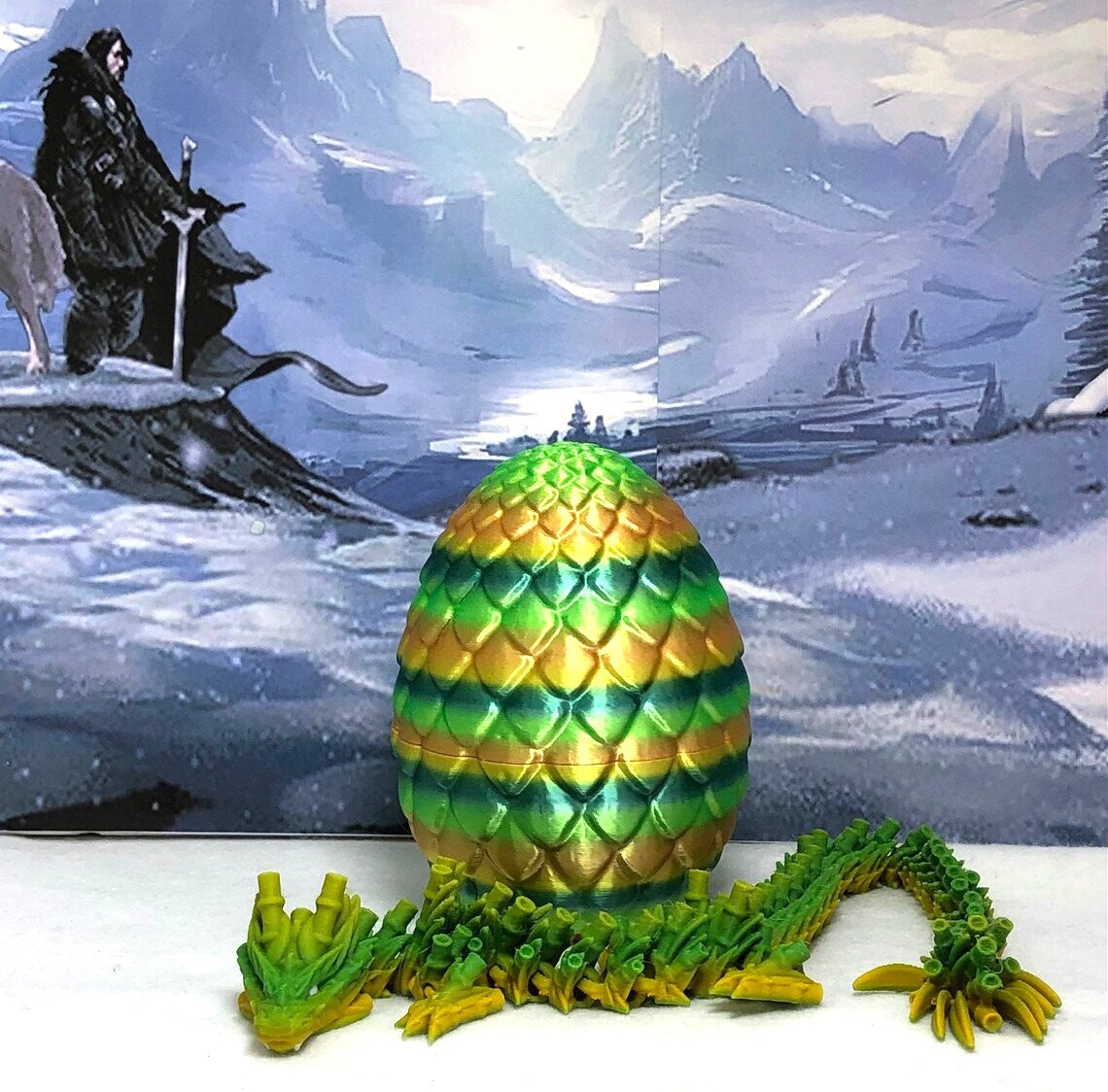 3D Printed Dragon with Egg, Articulated Yellow and Green Bamboo Dragon, Fidget ADHD Dragon Toy - D029