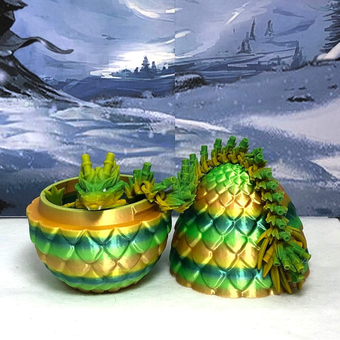 3D Printed Dragon with Egg, Articulated Yellow and Green Bamboo Dragon, Fidget ADHD Dragon Toy - D029