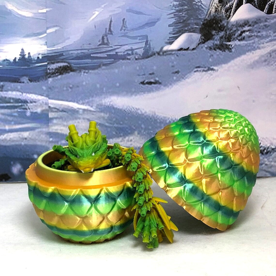 3D Printed Dragon with Egg, Articulated Yellow and Green Bamboo Dragon, Fidget ADHD Dragon Toy - D029