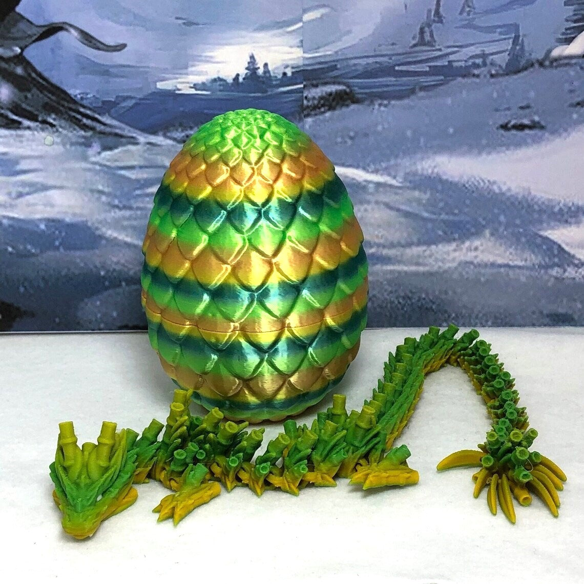 3D Printed Dragon with Egg, Articulated Yellow and Green Bamboo Dragon, Fidget ADHD Dragon Toy - D029