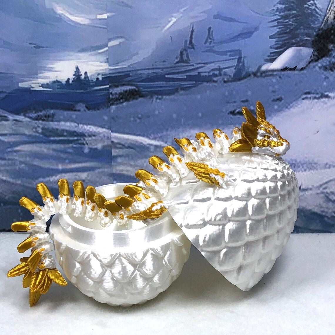 3D Printed Dragon with Egg, Articulated White and Gold Axolotl Dragon, Fidget ADHD Dragon Toy - D042-WE