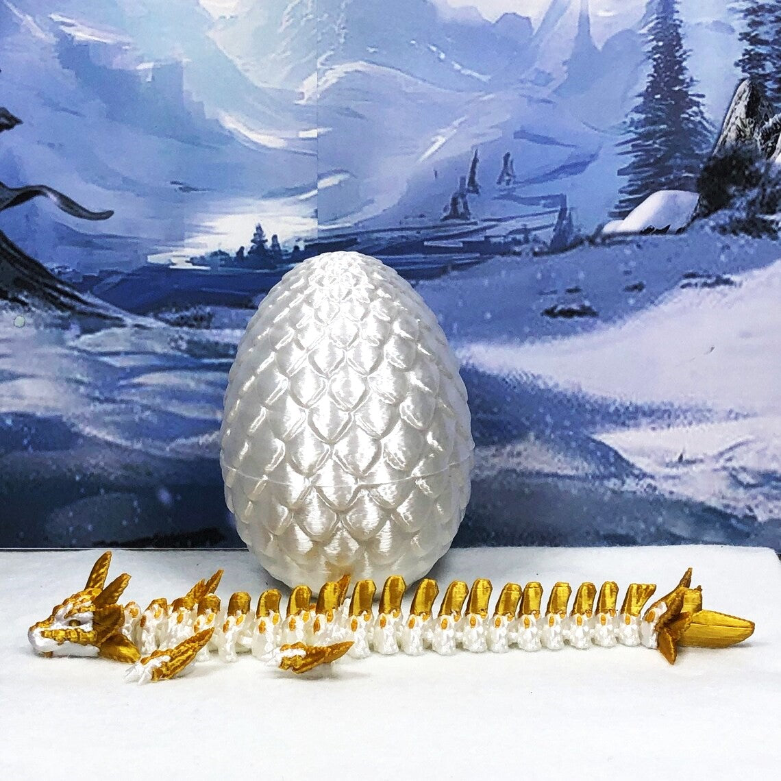 3D Printed Dragon with Egg, Articulated White and Gold Axolotl Dragon, Fidget ADHD Dragon Toy - D042-WE