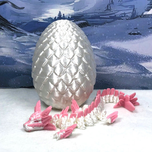 3D Printed Dragon with Egg, Articulated White and Pink Axolotl Dragon, Fidget ADHD Dragon Toy - D041WP-WE