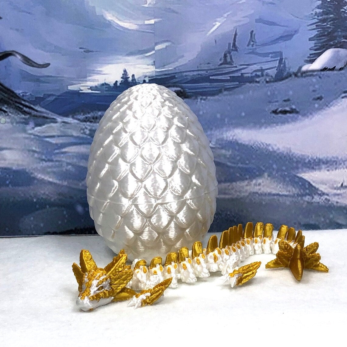 3D Printed Dragon with Egg, Articulated White and Gold Axolotl Dragon, Fidget ADHD Dragon Toy - D042-WE