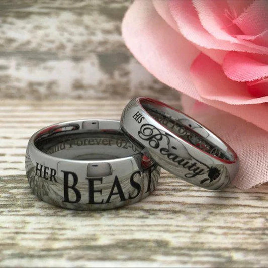 8mm/6mm Her Beast His Beauty Ring, Personalized His & Hers Tungsten Ring, Couples Ring Set