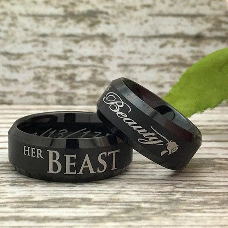 8mm/6mm Her Beast His Beauty Ring, Personalized His & Hers Tungsten Ring, Couples Ring Set
