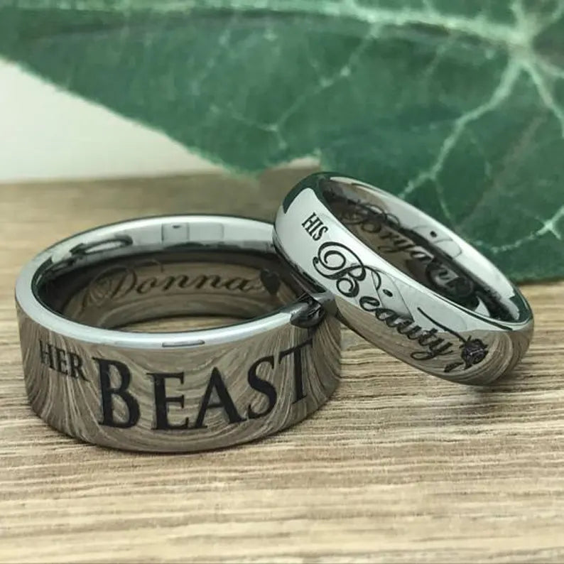 12mm/6mm Her Beast His Beauty Ring, Personalized His & Hers Tungsten Ring, Couples Ring Set