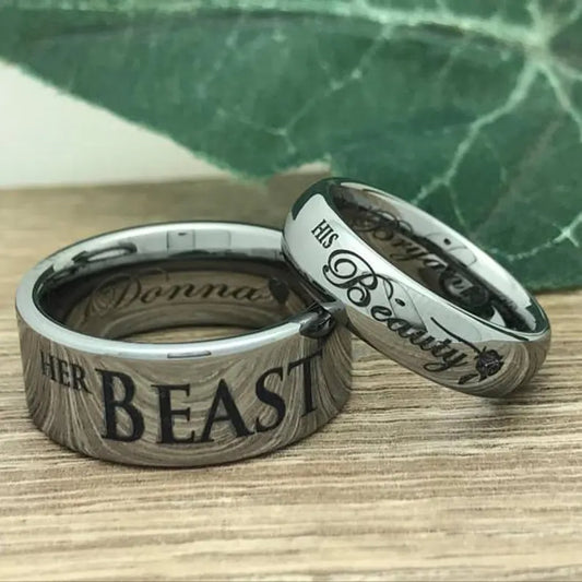 12mm/6mm Her Beast His Beauty Ring, Personalized His & Hers Tungsten Ring, Couples Ring Set
