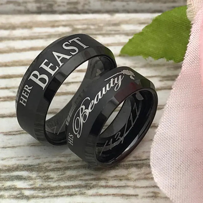 8mm/6mm Her Beast His Beauty Ring, Personalized His & Hers Tungsten Ring, Couples Ring Set