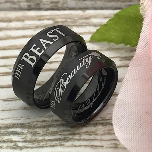 8mm/6mm Her Beast His Beauty Ring, Personalized His & Hers Tungsten Ring, Couples Ring Set