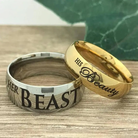 8mm/6mm Her Beast His Beauty Ring, Personalized His & Hers Tungsten Ring, Couples Ring Set