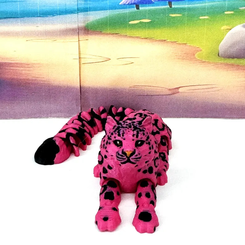 3D Printed Snow Leopard, 6.5" Wild Animal Creature Toy, Articulated Fidget Animal for Home Office Executive Desk Decoration AT001-PINK-S