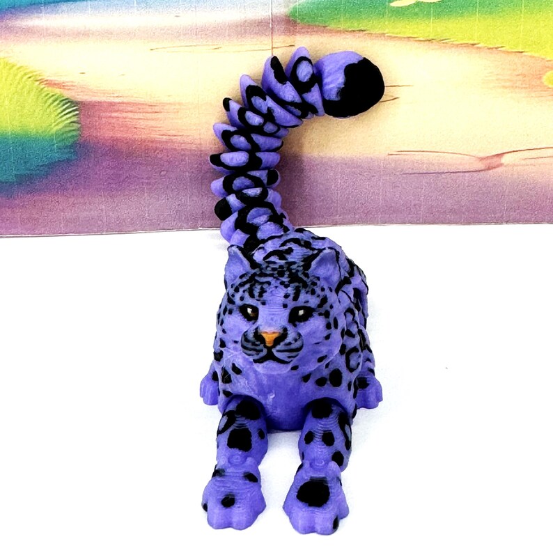 3D Printed Snow Leopard, 6.5" Wild Animal Creature Toy, Articulated Fidget Animal for Home Office Executive Desk Decoration AT001-PURPLE-S