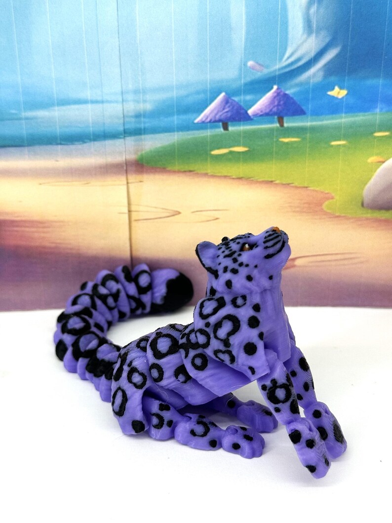 3D Printed Snow Leopard, 6.5" Wild Animal Creature Toy, Articulated Fidget Animal for Home Office Executive Desk Decoration AT001-PURPLE-S