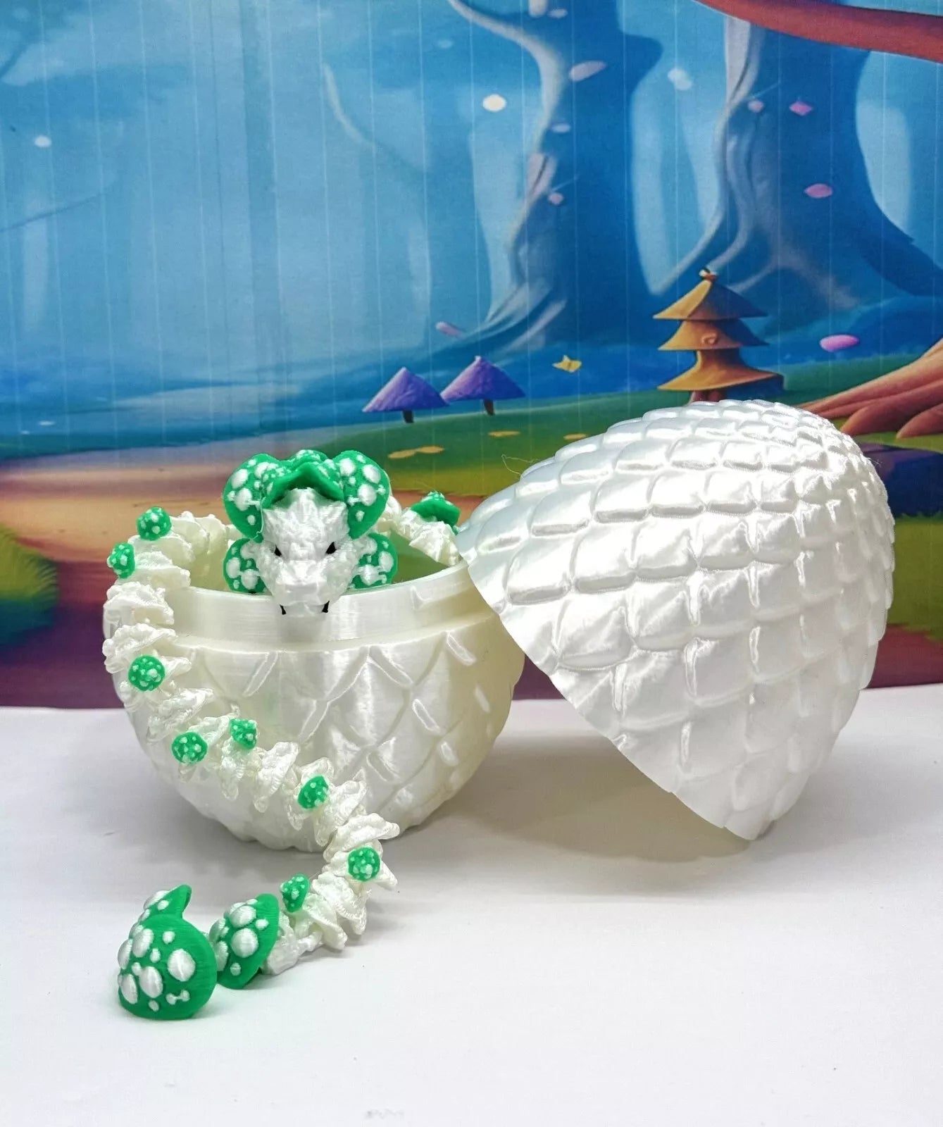 3D Printed Dragon with Egg, Articulated White and Green Mushroom Dragon, Fidget ADHD Dragon Toy - D046WG