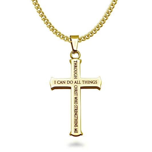 Philippians 4:13 Cross Necklace for Men Strength Bible Verse I CAN DO ALL THINGS Pendant Stainless Steel Chain Meaningful Jewelry Gift  SSN541-G