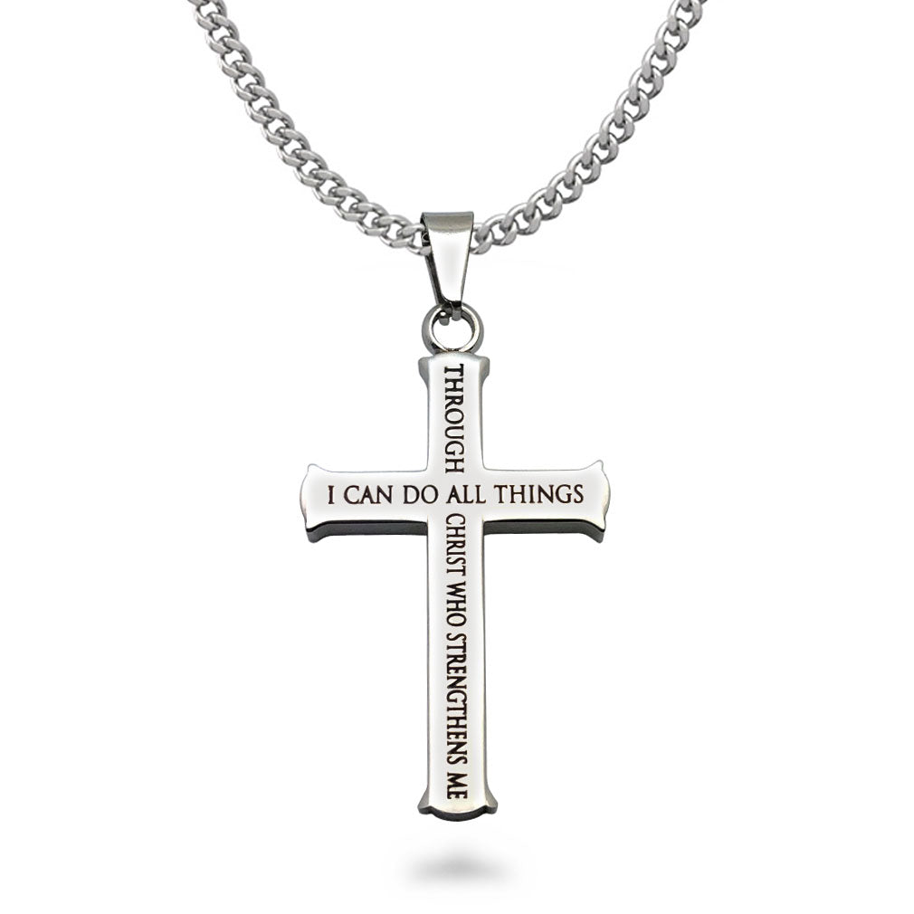 Philippians 4:13 Cross Necklace for Men Strength Bible Verse I CAN DO ALL THINGS Pendant Stainless Steel Chain Meaningful Jewelry Gift  SSN541