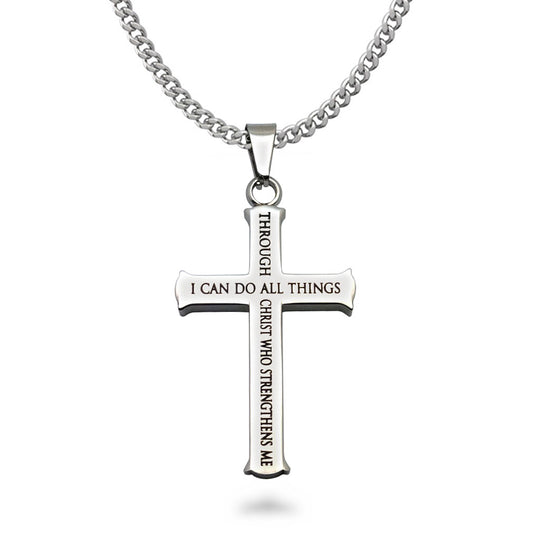 Philippians 4:13 Cross Necklace for Men Strength Bible Verse I CAN DO ALL THINGS Pendant Stainless Steel Chain Meaningful Jewelry Gift  SSN541