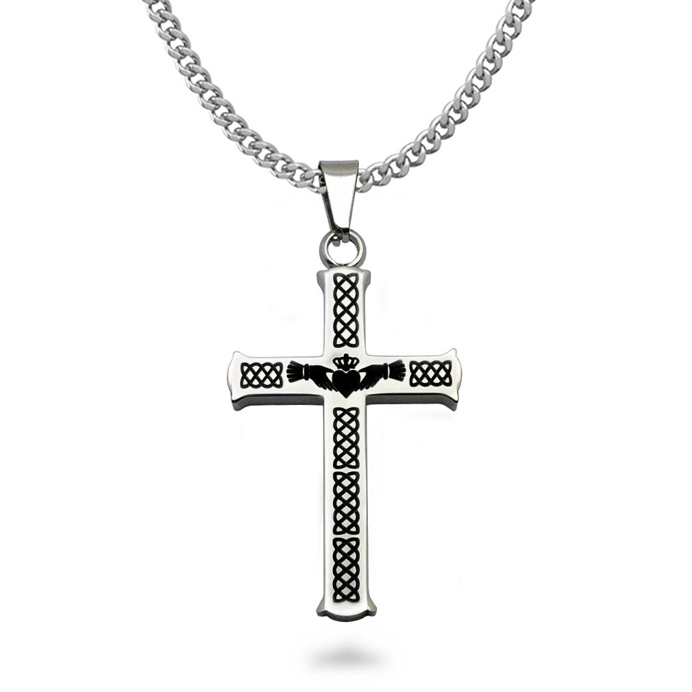Stainless Steel Celtic Knot Claddagh Cross Pendant Necklace with Curb Link Chain 24 Inches