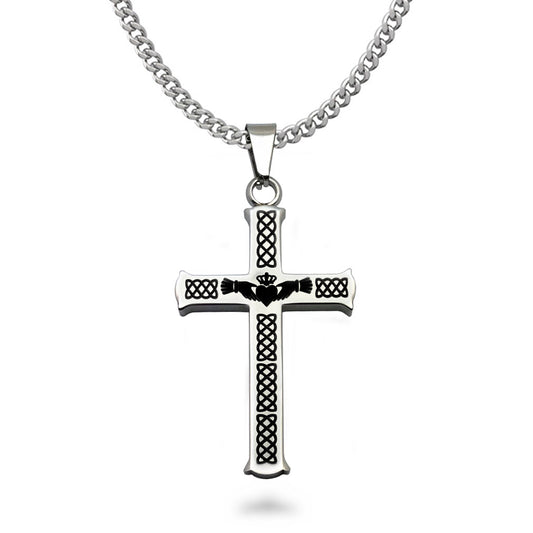 Stainless Steel Celtic Knot Claddagh Cross Pendant Necklace with Curb Link Chain 24 Inches