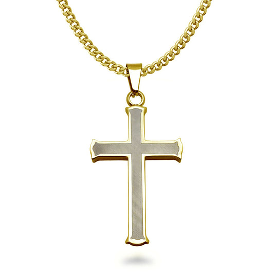 Cross Necklace for Men Stainless Steel Gold Plated Cross Necklaces High Polished Gift For Men, Stainless Steel Curb Link Chain Length 24 Inch SSN548-G