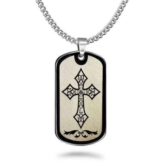 Stainless Steel Dog Tag Necklace with Cross Design, Black Dog Tag Necklace for Men and Women, Religious Jewelry