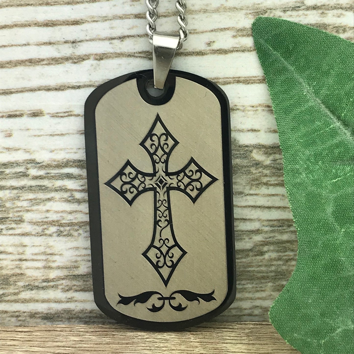 Stainless Steel Dog Tag Necklace with Cross Design, Black Dog Tag Necklace for Men and Women, Religious Jewelry